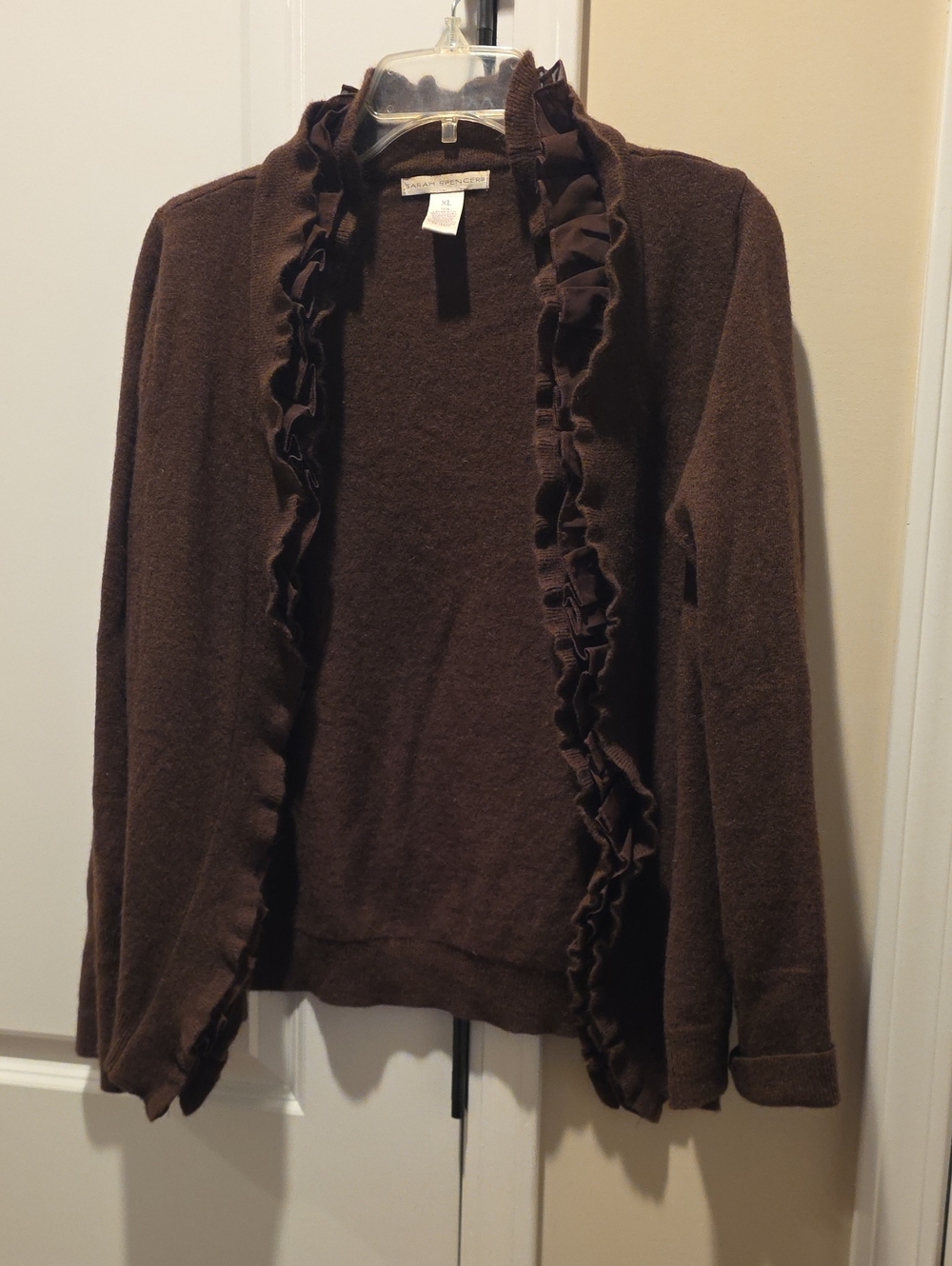 Sarah Spencer Brown Ruffle-Trim Wool Open Cardigan